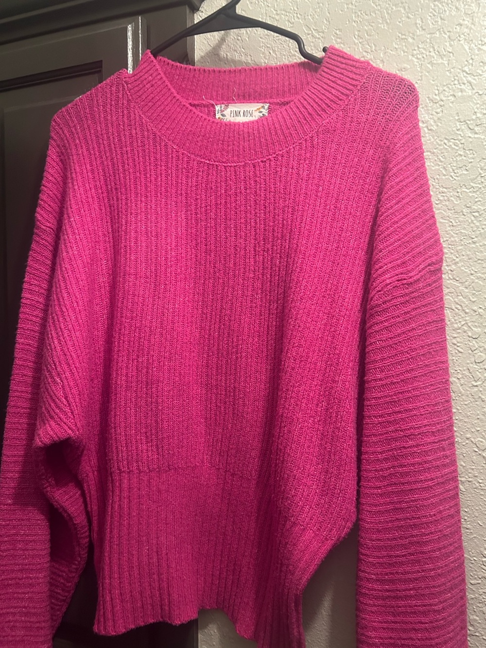 Pink Rose Women's Bright Pink Ribbed Crewneck Sweater